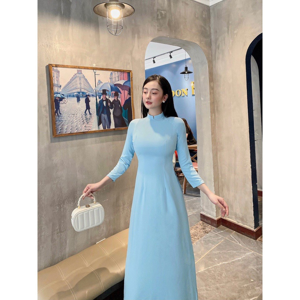 Áo dài trơn truyền thống màu xanh ngọc cổ 2 phân