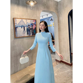 Áo dài trơn truyền thống màu xanh ngọc cổ 2 phân