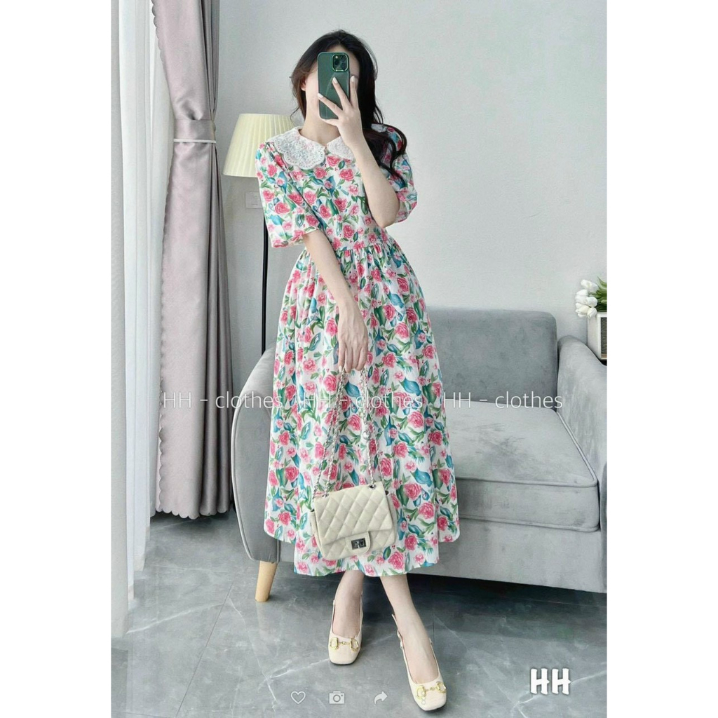 Đầm Von Lụa 3D Dáng Suông Cổ Bẻ Viền Ren Ngắn Tay Phối In Nhiều Hoa Điệu Đà TTSA2151