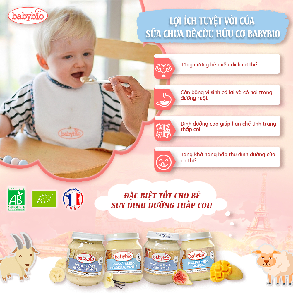 Sữa chua dê hữu cơ cho bé ăn dặm Babybio dạng hũ thuỷ tinh 130g dành cho bé từ 6 tháng tuổi
