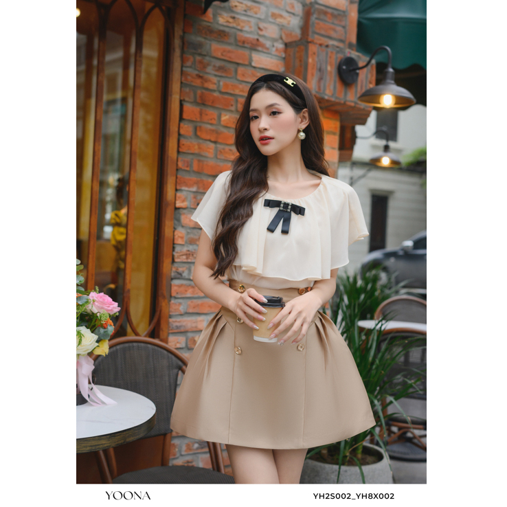 Chân váy mini tafta nâu gấp ly hông phối khuy YOONA - YH8X002