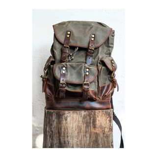 Balo  nam nắp cuộn màu rêu Vintage F1 Da thật cao cấp Vải Canvas chống nước và chống bụi đựng vừa Laptop 17 inch
