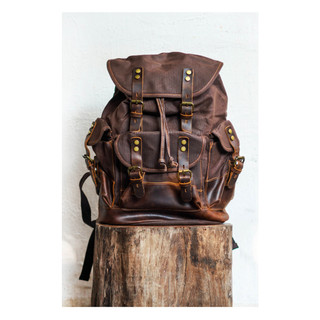 Balo nam nắp da Vintage CAMO phong cách quân đội mạnh mẽ, bụi bặm, làm từ da thật và vải canvas cao cấp Tonkin