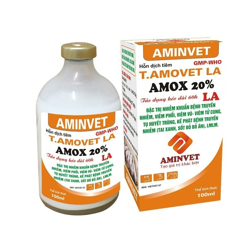 Amox 20% LA (kéo dài 60h) : 20ml, 100ml dùng cho heo, chó mèo, trâu bò.
