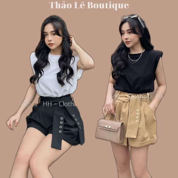 Set áo thun nữ có độn vai kèm quần short cạp cao buộc nơ hàng QC