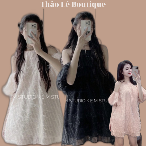 Váy cổ yếm trễ vai nữ babydoll phối lông kim tuyến tiểu thư dáng xòe - Hj