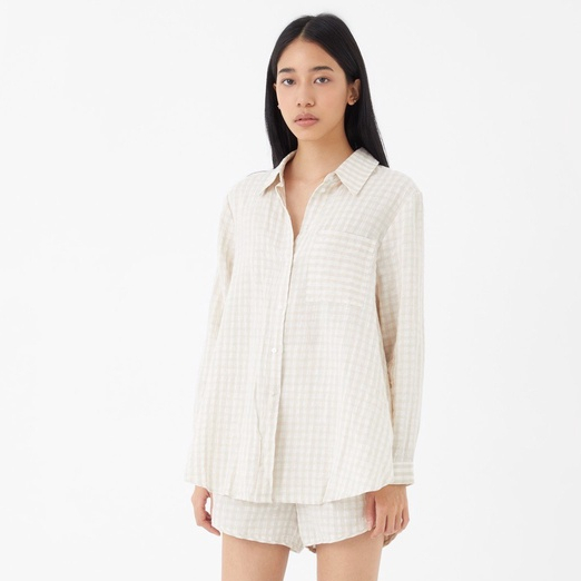 TheBlueTshirt - Áo Sơ Mi Phom Rộng Nữ Vải Lanh Vàng Sọc Trắng - Oversized Pocket Linen Shirt - Earth Pattern