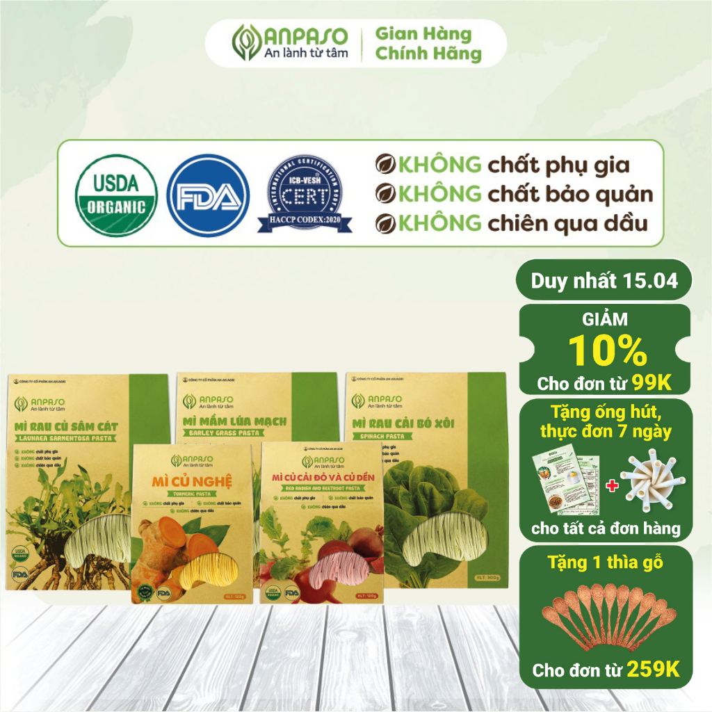 Combo Mì Rau Củ Anpaso Hữu Cơ, Mỳ Rau Eat Clean Giảm Cân, Ăn Chay, Ăn Kiêng, Bổ Sung Chất Xơ 2400g - 10 Gói