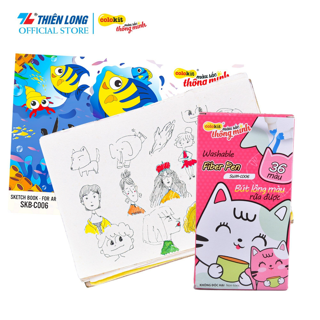 Combo Vở vẽ Sketch Book for Art và Hộp Bút Lông 36 Màu Fiber Pen Washable - Nét Mảnh Nét To - Colokit SWM-C006