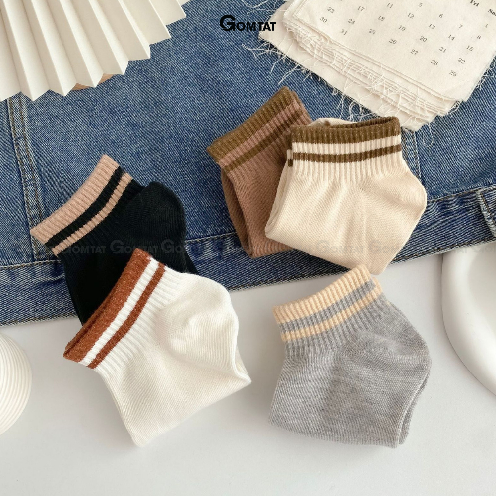 Set 5 đôi tất cổ ngắn nữ trơn màu họa tiết sọc ngang, vớ nữ cổ ngắn chất liệu cotton mềm mại êm chân -CB095