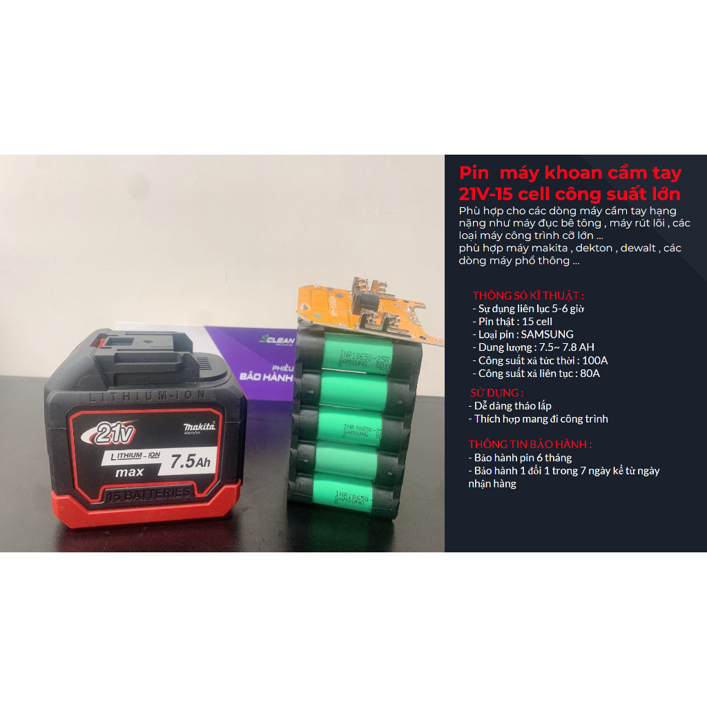Pin Máy Khoan Cầm Tay Makita 21V-10 cell và 21V-15 cell Công suất lớn hàng chính hãng Bảo hành 6 tháng