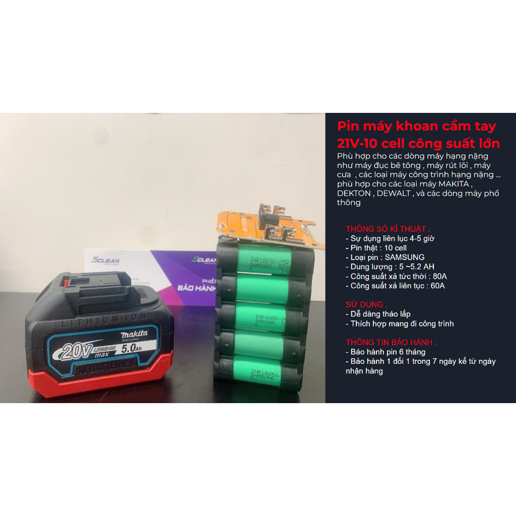 Pin Máy Khoan Cầm Tay Makita 21V-10 cell và 21V-15 cell Công suất lớn hàng chính hãng Bảo hành 6 tháng