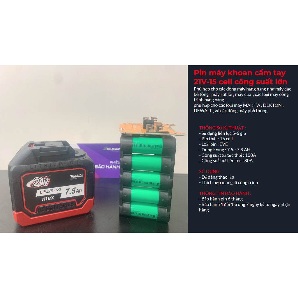 Pin Máy Khoan Cầm Tay Makita 21V-10 cell và 21V-15 cell Công suất lớn hàng chính hãng Bảo hành 6 tháng