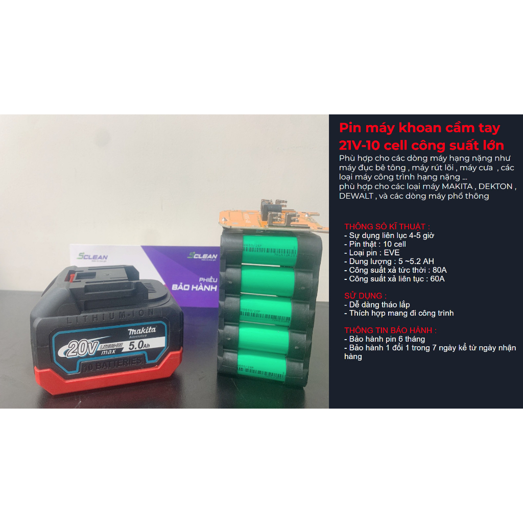 Pin Máy Khoan Cầm Tay Makita 21V-10 cell và 21V-15 cell Công suất lớn hàng chính hãng Bảo hành 6 tháng