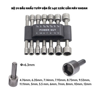 Bộ 14 đầu khẩu vặn ốc bắn tôn chuôi lục giấc gắn máy khoan cầm tay hệ inch và hệ mét 5-12mm tiện dụng giá rẻ