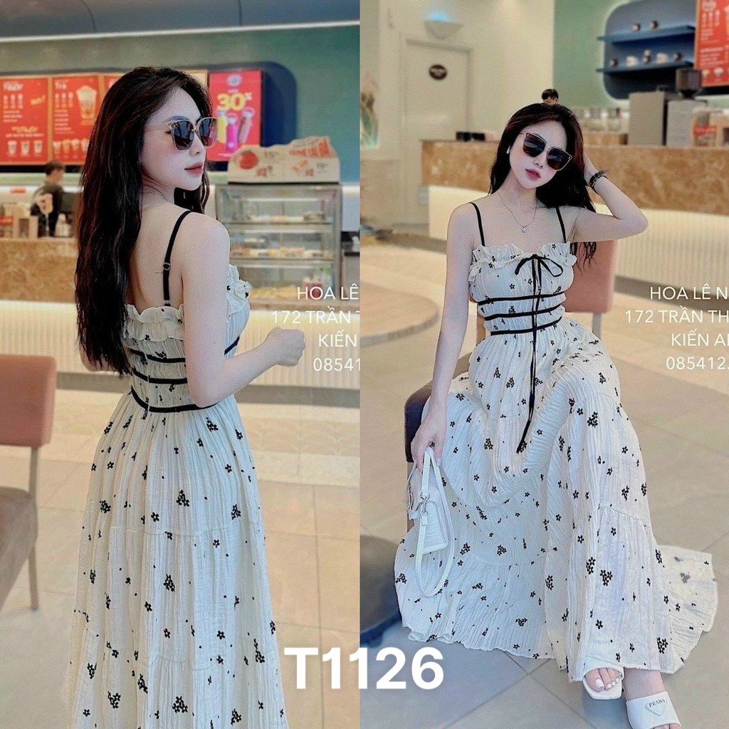 Đầm maxi 2 dây voan xốp hoa dài màu y hình có mut ngực T1126