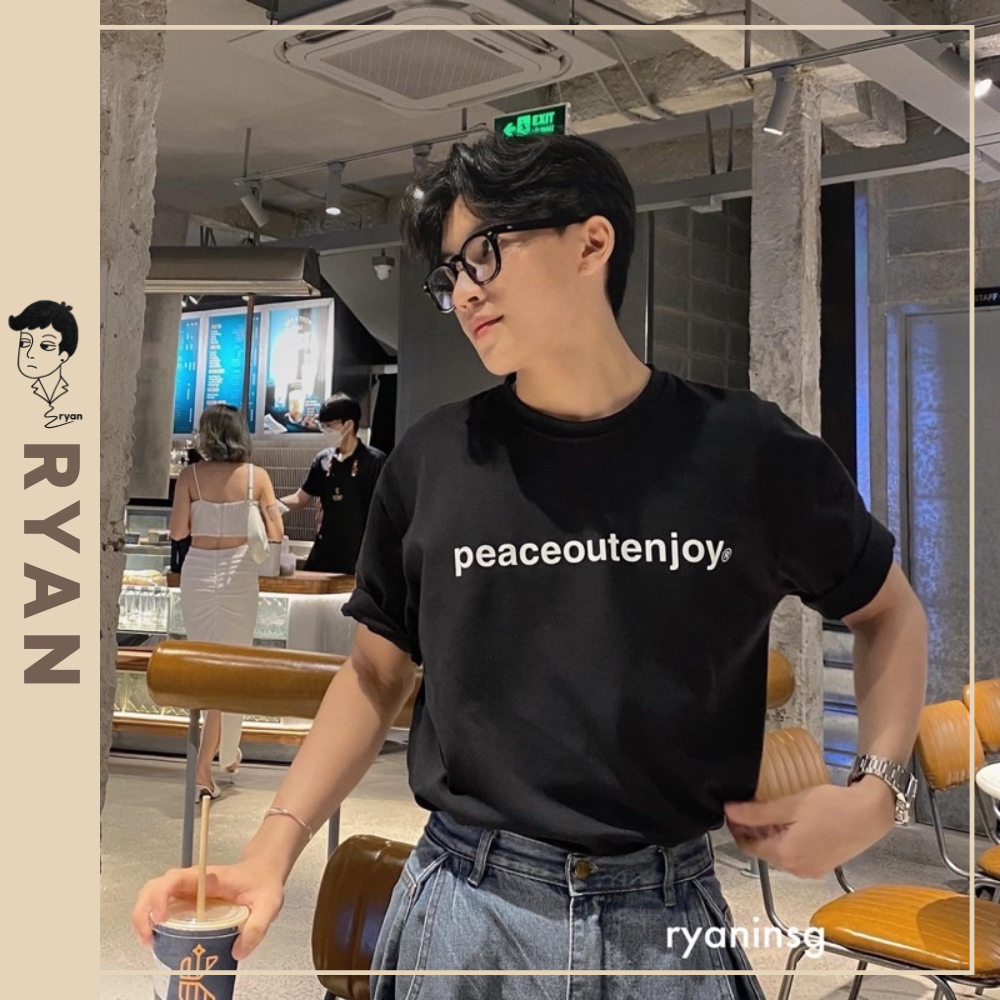 RYAN - Áo thun nam PEACEOUT đen ngắn tay vải cotton 4 chiều thương hiệu RYAN form rộng phong cách Hàn Quốc