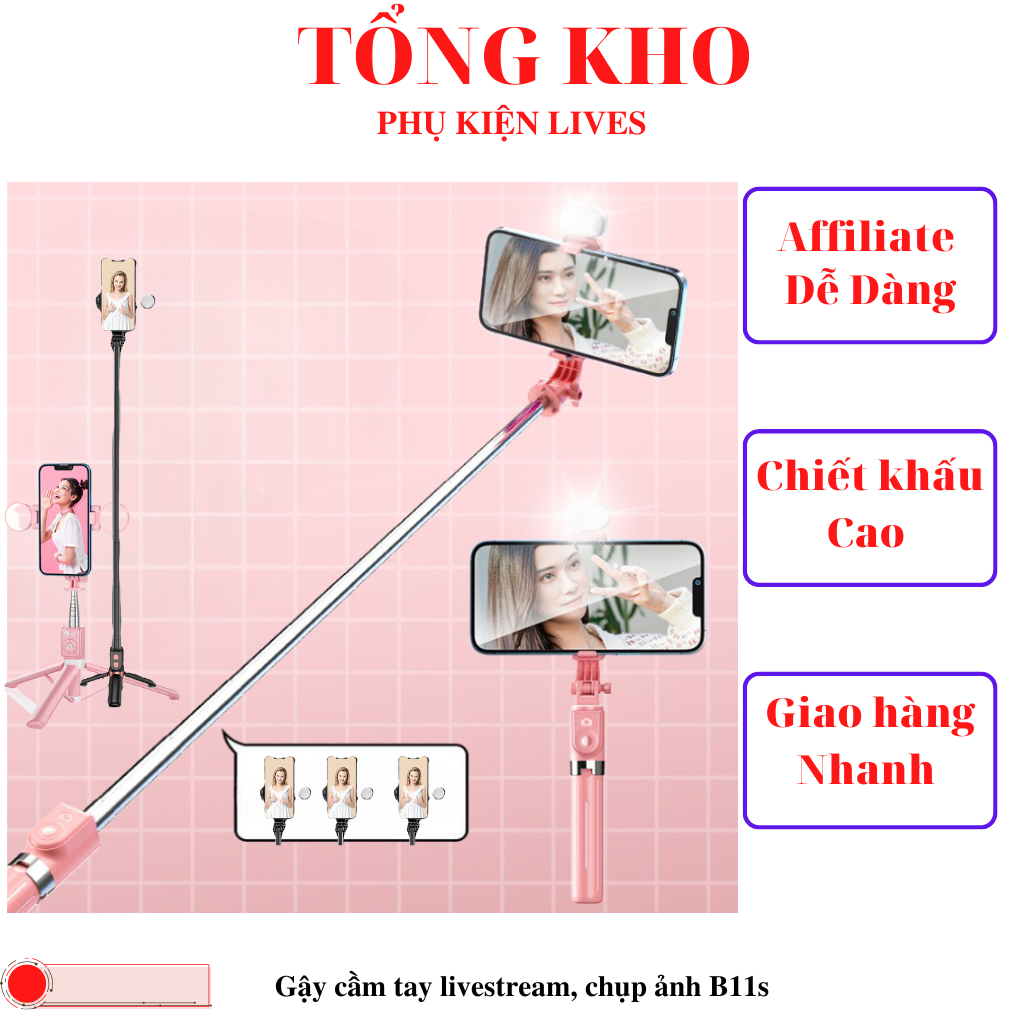 Tay cầm chụp ảnh 3 chân B11S thế hệ mới, có đèn led trợ sáng, Gậy selfie chụp hình, tự sướng kết nối không dây