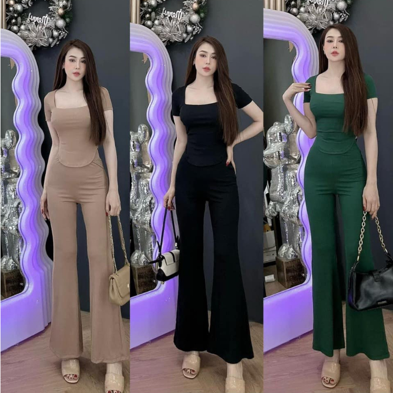 Đồ bộ nữ, set đồ bộ quần ống loe lưng cao có túi và áo croptop ôm ngắn tay cổ vuông lai bầu thun cotton gân, bộ đồ nữ