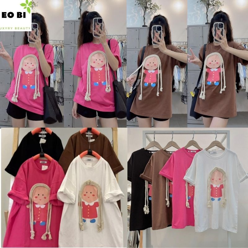 Áo thun tay lỡ họa tiết bé gái tết tóc cute chất cotton có 4 màu basic trẻ trung, Áo phông dáng to dài năng động - EOBI