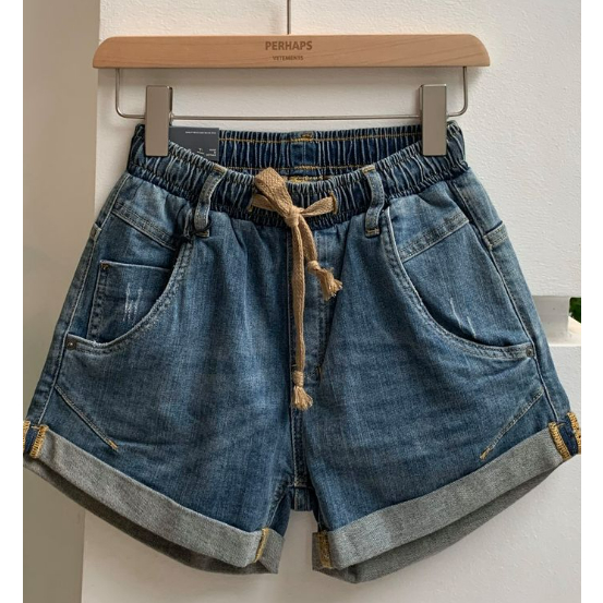 Quần Shorts Jean Nữ Săn Lai Lưng Thun Xanh Trung 8068