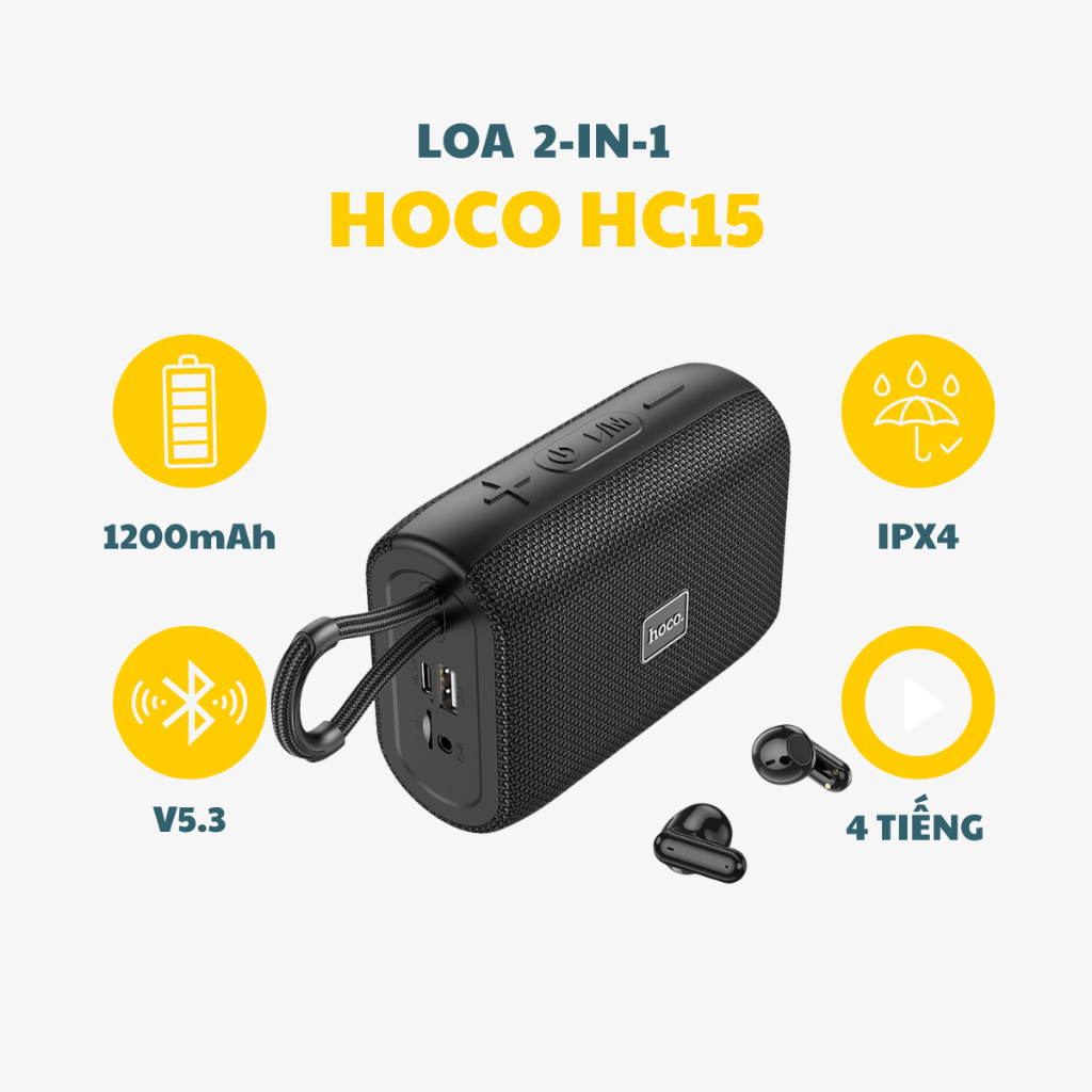 Loa Bluetooth Hoco HC15 Chống Nước IPX 4 Kết Hợp Loa Với Tai Nghe Hỗ Trợ Thẻ Nhớ, USB, Nghe Đài FM