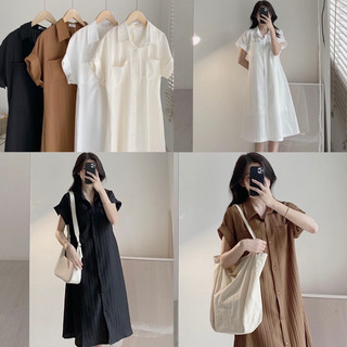 Đầm sơ mi đũi gân 2 túi tay bẻ lai ngắn có lớp lót trong freesize Pumi 14431