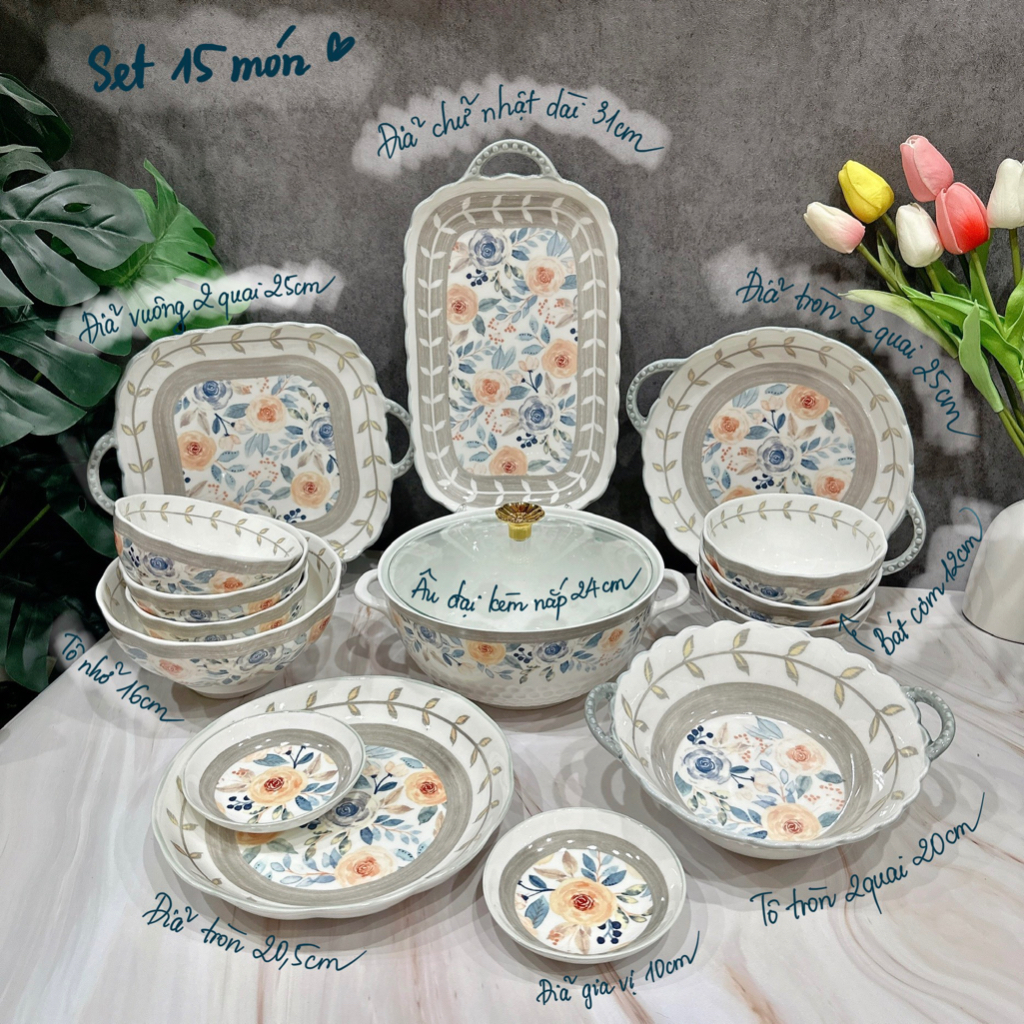 Bộ bát đĩa sứ Decor, Chén Dĩa dễ thương Bát ăn cơm hoạ tiết hoa hồng ghi siêu sang phong cách Bắc Âu