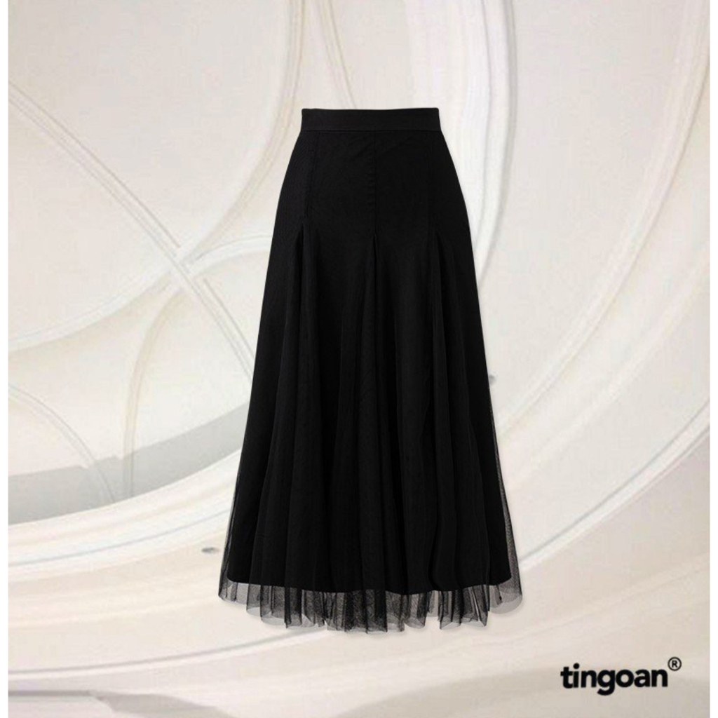 TINGOAN® - Chân váy dài lưới đen cạp cao xòe LI BING BING LONG SKIRT/BL