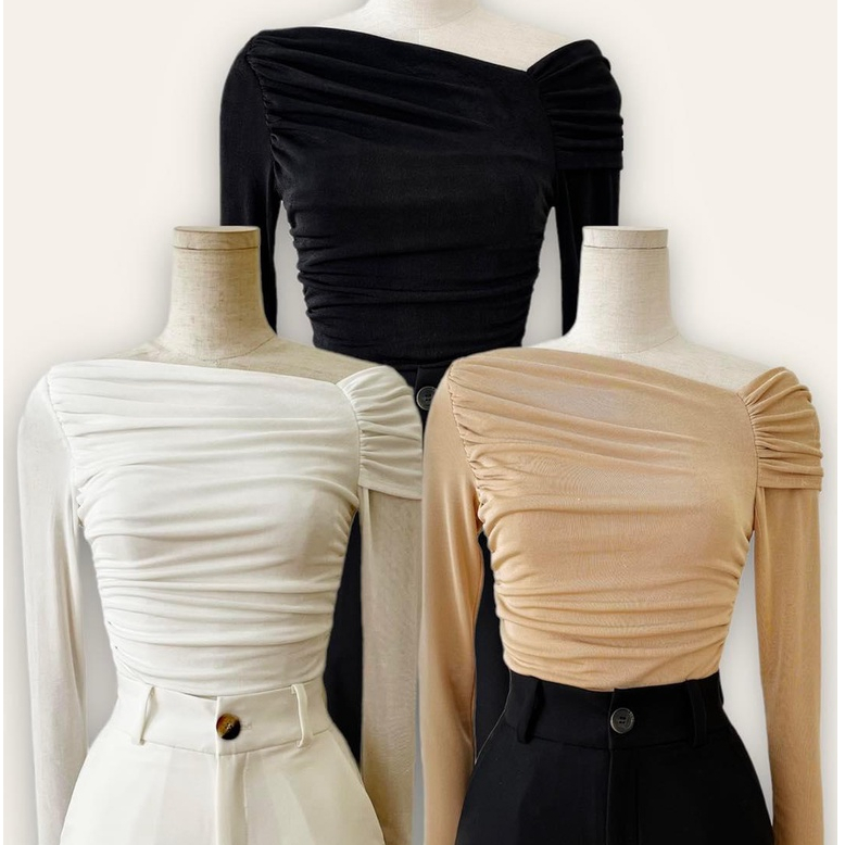 Áo croptop thun nhún lệch vai tay dài