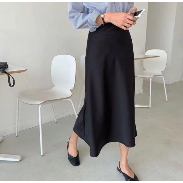 Chân váy midi cao cấp dáng dài qua gối chất liệu lụa satin mềm mịn kiểu dáng chanh sả