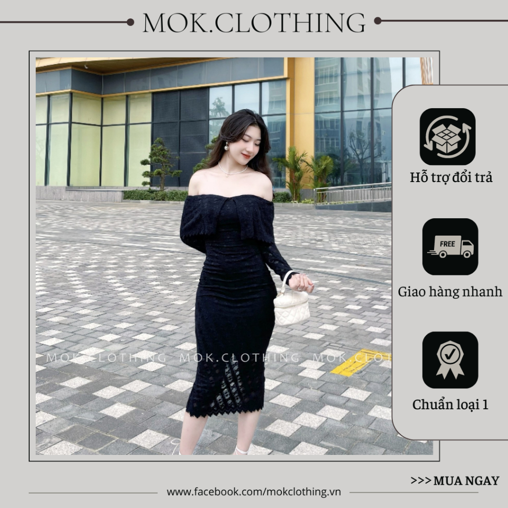Váy nữ trễ vai ôm body dáng dài tay ngắn chất liệu thun phối ren siêu sexy tôn dáng đi chơi sang chảnh - Mok.Clothing