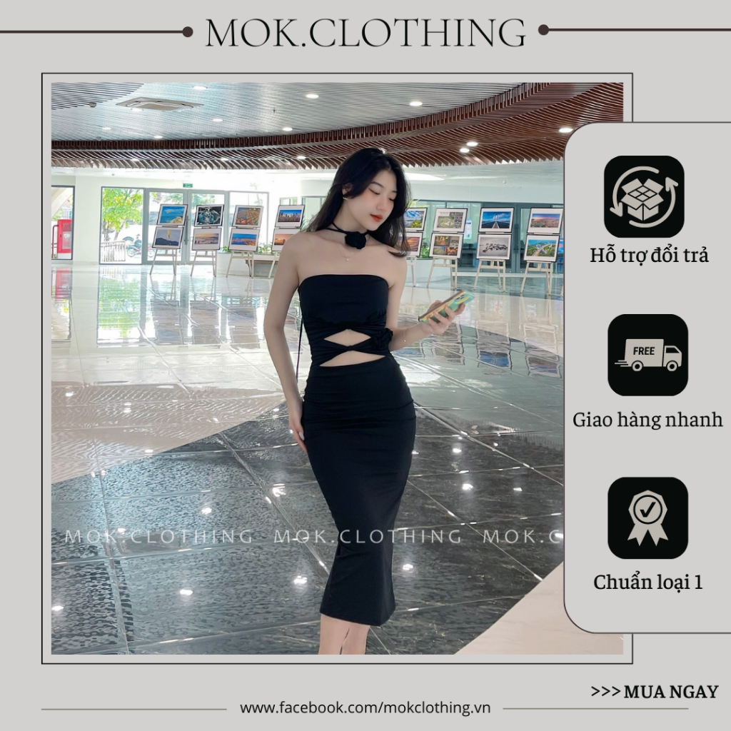 Váy body cúp ngực khoét eo kèm hoa cổ dáng dài xẻ tà sau hở lưng sexy tôn dáng đi chơi đi tiệc cực cuốn - Mok.Clothing