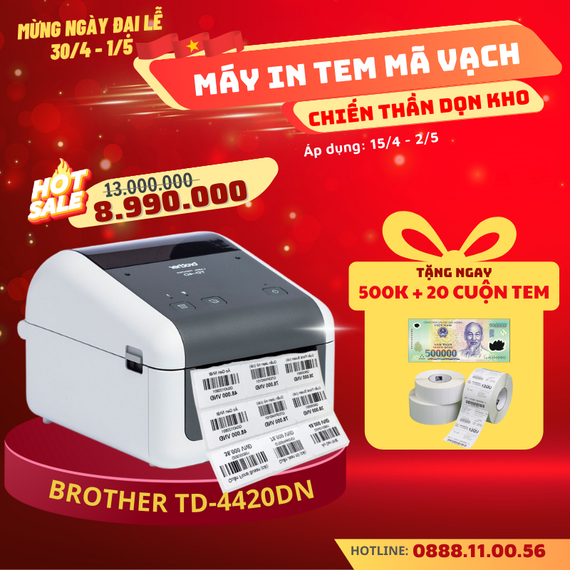Máy in tem mã vạch Brother TD-4420DN, chuẩn kết nối LAN, USB và RS232