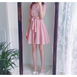 Đầm cổ vest thắt nơ eo