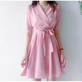 Đầm cổ vest thắt nơ eo