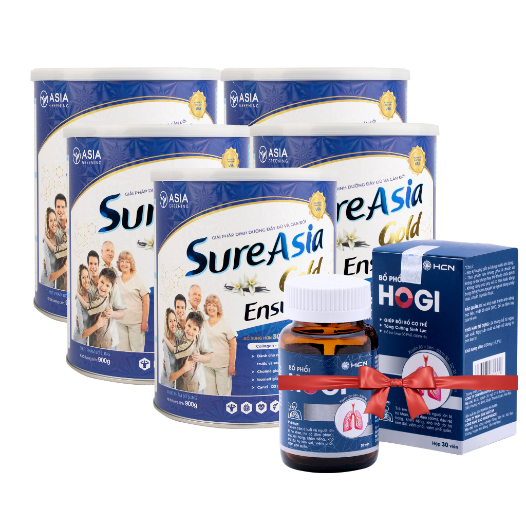 Combo 5 Hộp Sữa Sure Asia Gold Ensure Nguyên Liệu Nhập Khẩu Mỹ Hộp 900g Tặng 1 Hộp Viên Uống Bổ Phổi Hogi Hộp 30 Viên