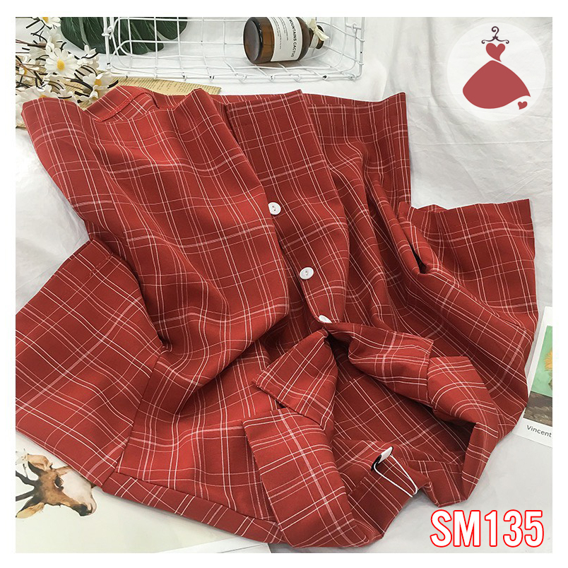 Áo sơ mi cổ vest caro đỏ thanh lịch SOBIN Big Size 50-90KG, áo sơ mi nữ SM 135