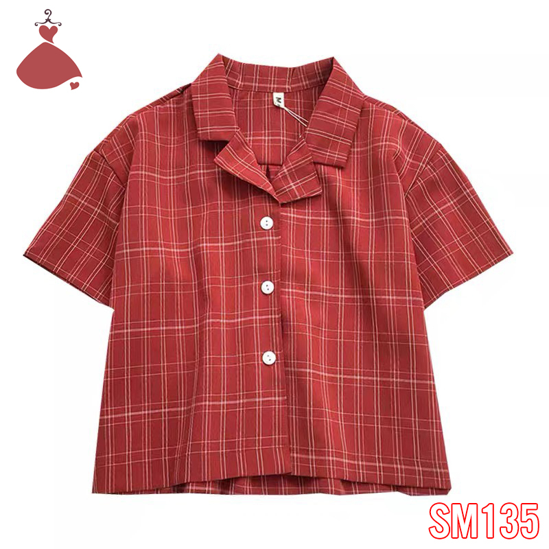 Áo sơ mi cổ vest caro đỏ thanh lịch SOBIN Big Size 50-90KG, áo sơ mi nữ SM 135