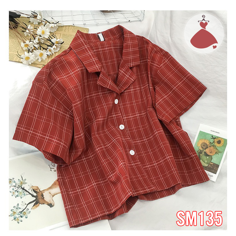 Áo sơ mi cổ vest caro đỏ thanh lịch SOBIN Big Size 50-90KG, áo sơ mi nữ SM 135