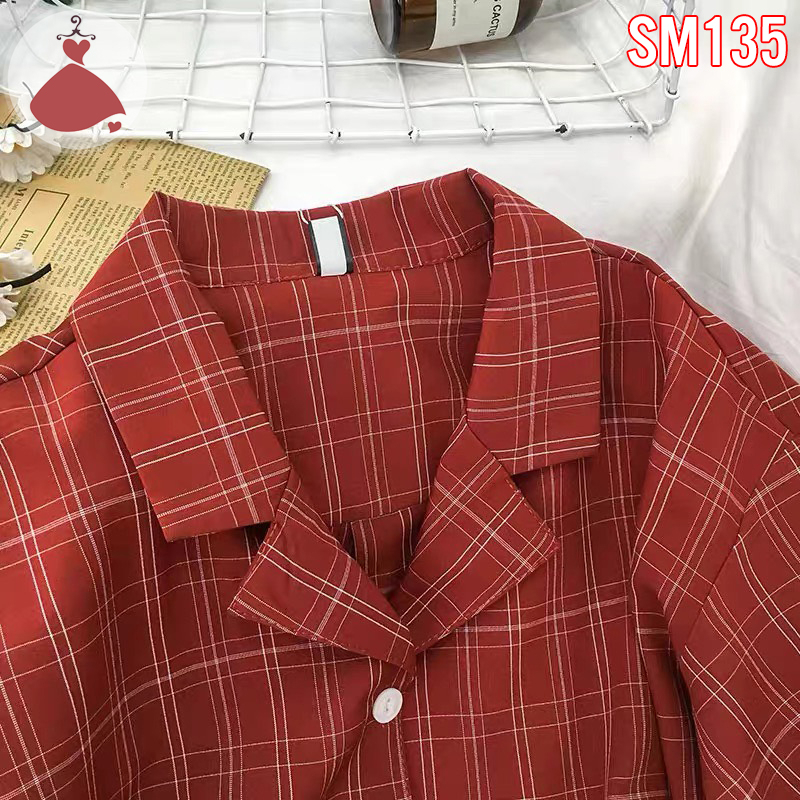 Áo sơ mi cổ vest caro đỏ thanh lịch SOBIN Big Size 50-90KG, áo sơ mi nữ SM 135