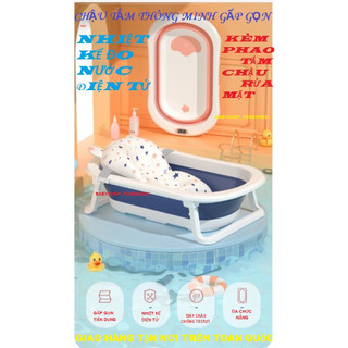 Chậu Tắm Cho Bé, Chậu Tắm Gấp Gọn thông minh Kèm Nhiệt Kế điện tử Đo Nhiệt Độ Nước, bóng và vịt đồ chơi Cho Bé