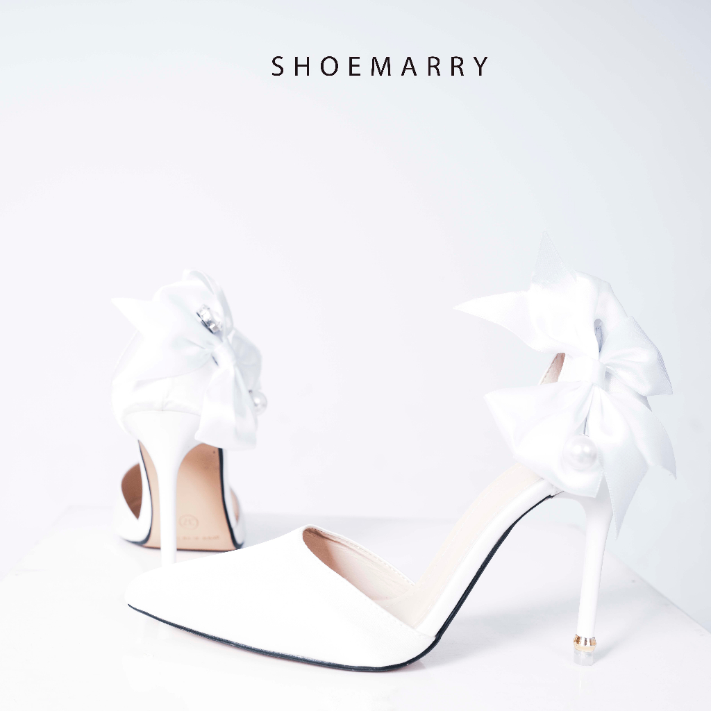Giày cao gót trắng cô dâu ngày cưới shoemarry thiết kế Da trắng mix vải lụa nơ và phụ kiện đá 9cm