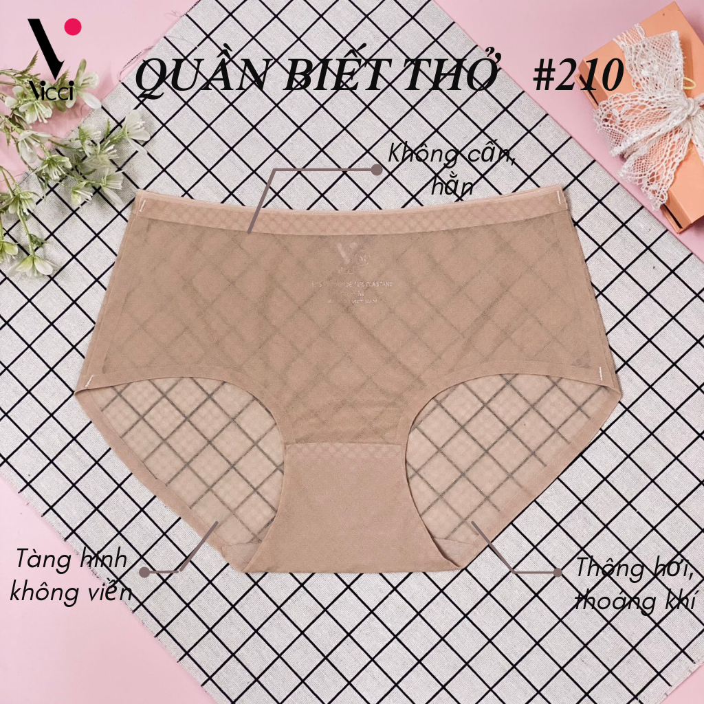 [BST mới] Quần lót nữ biết thở cạp cao không đường may Vicci 210 kẻ caro thông hơi màu Da sậm