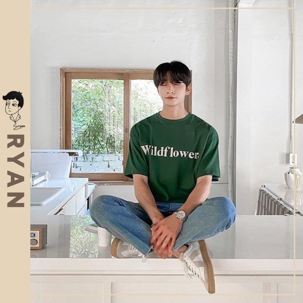 RYAN - Áo thun nam Wildflower xanh/ kem ngắn tay vải cotton 4 chiều thương hiệu RYAN form rộng phong cách Hàn Quốc