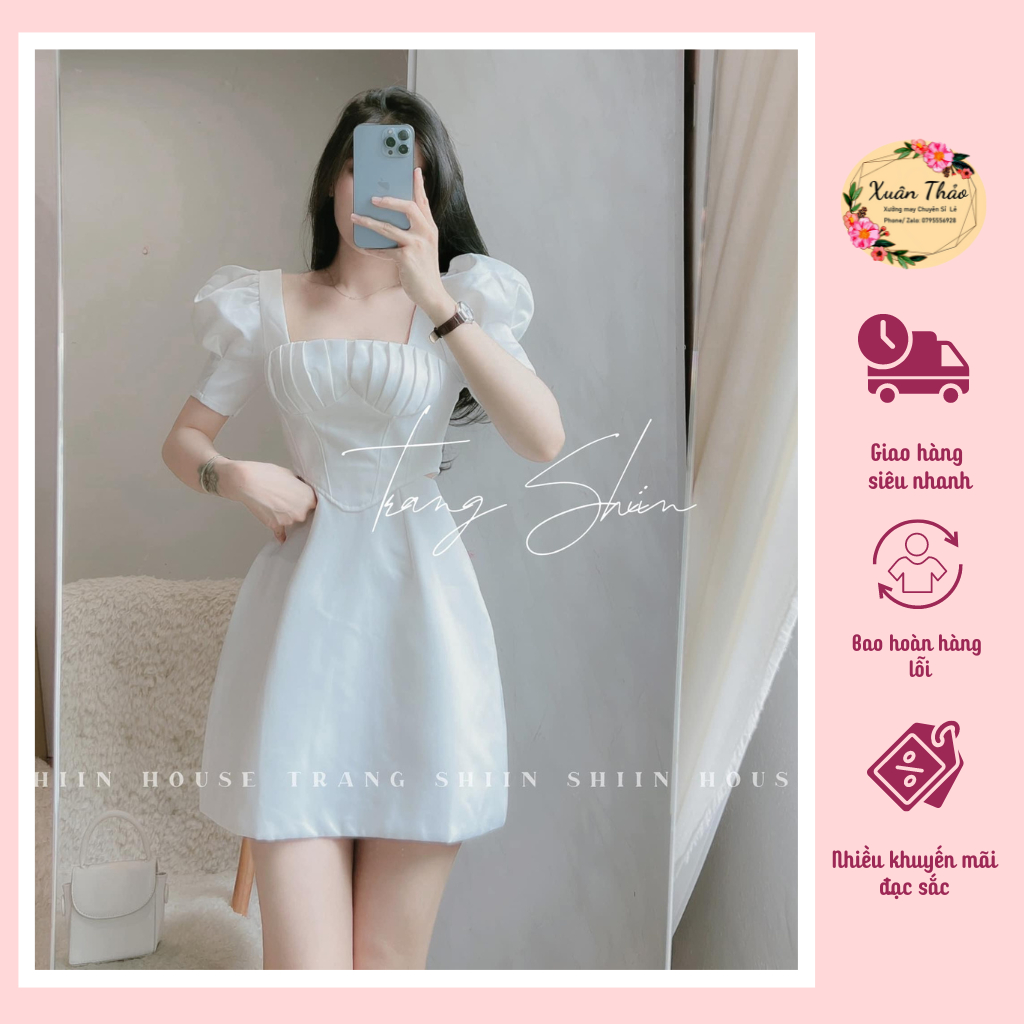 Váy Trắng Xếp Ly Cổ Vuông Tay Phồng Tạo Eo Tôn Dáng Chất Mango Cao Cấp Mã Số A272