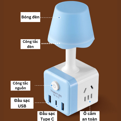 Đèn ngủ thông minh tích hợp cổng sạc USB - Type C và ổ cắm điện an toàn cho trẻ nhỏ