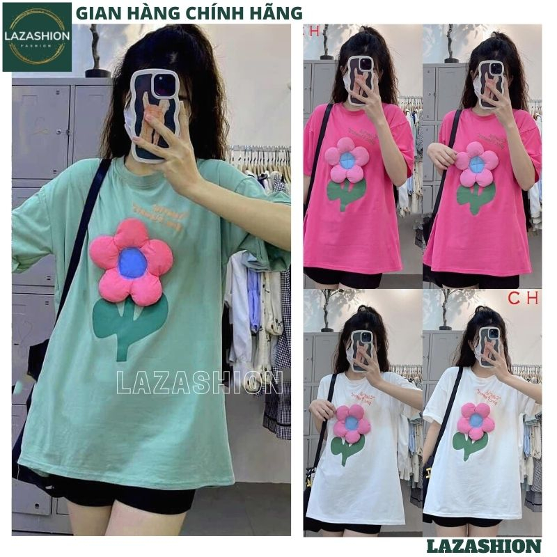 Áo phông nữ tay lỡ đính hoa nổi dễ thương dáng rộng thoải mái, Áo thun thời trang điệu đà kiểu dáng Hàn Quốc - LAZA