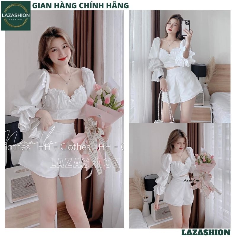 Set áo croptop trắng cúp ngực xếp ly vỏ sò tay bồng ống loe quần short rộng, Bộ 2 món áo trễ vai lưng chun kèm quần LAZA