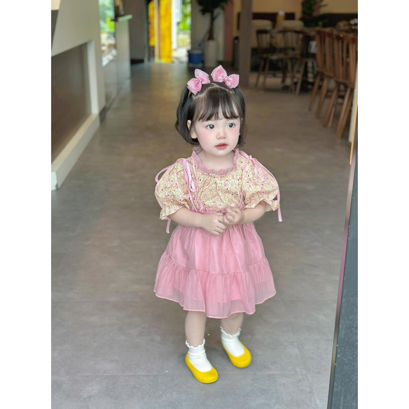 Set Váy 2 Dây Kèm Áo Hoa Nhí Tay Bồng Cho Bé Gái WOWKIDS Chất Liệu Mềm Mại Phong Cách Tiểu Thư Từ 8-22kg